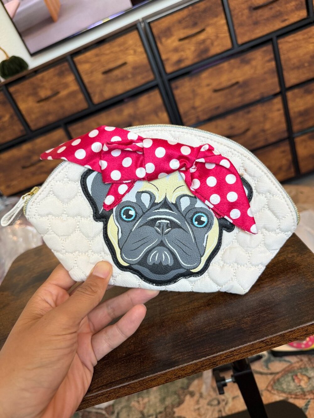Betsey Johnson Pug Dog Red Polka Dot Headscarf Cream Cosmetic Pouch